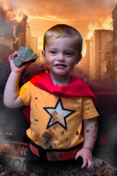 A little boy with pale skin and blonde hair dressed as a superhero, holding a rock, with a background of a destroyed city and lightening.