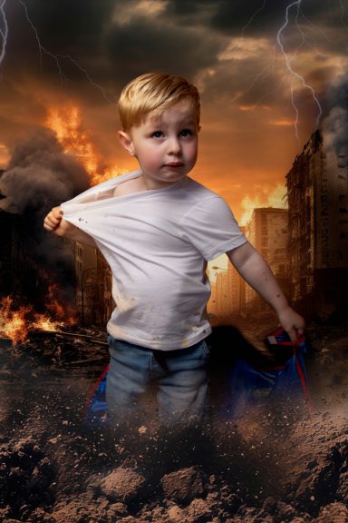 A little boy with pale skin and blonde hair wearing jeans and a white top, with a background of a destroyed city and lightening.