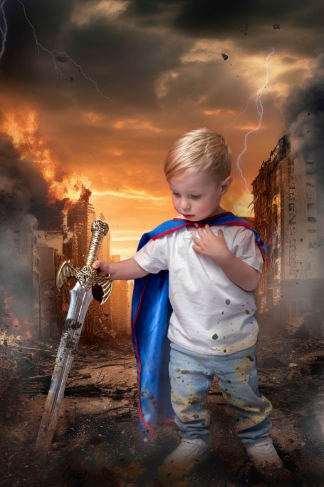 A little boy with pale skin and blonde hair dressed as a superhero, holding a sword, with a background of a destroyed city and lightening.