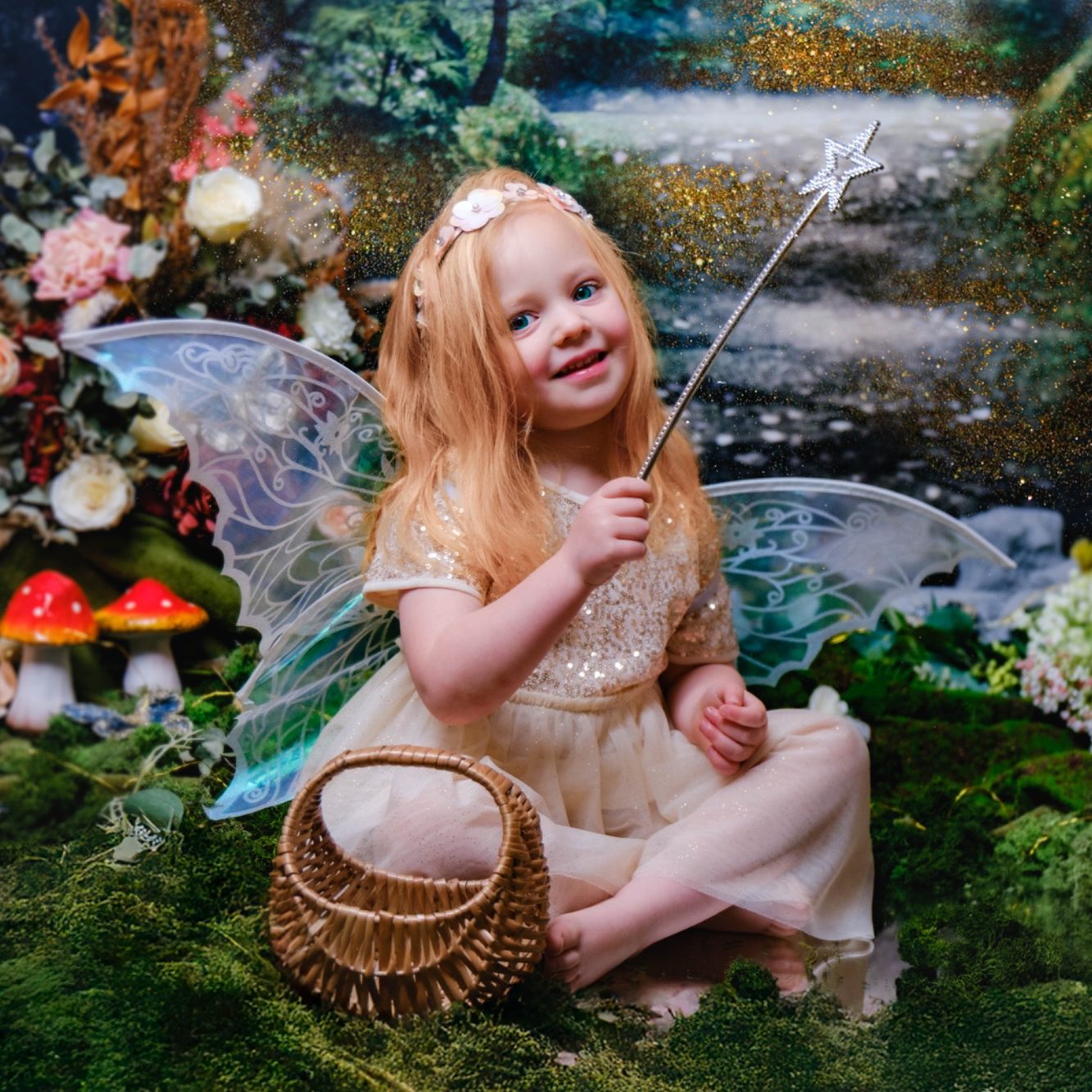 A little girl with pale skin and blonde hair dressed as a fairy, holding a magic wand, against a magical forest background.
