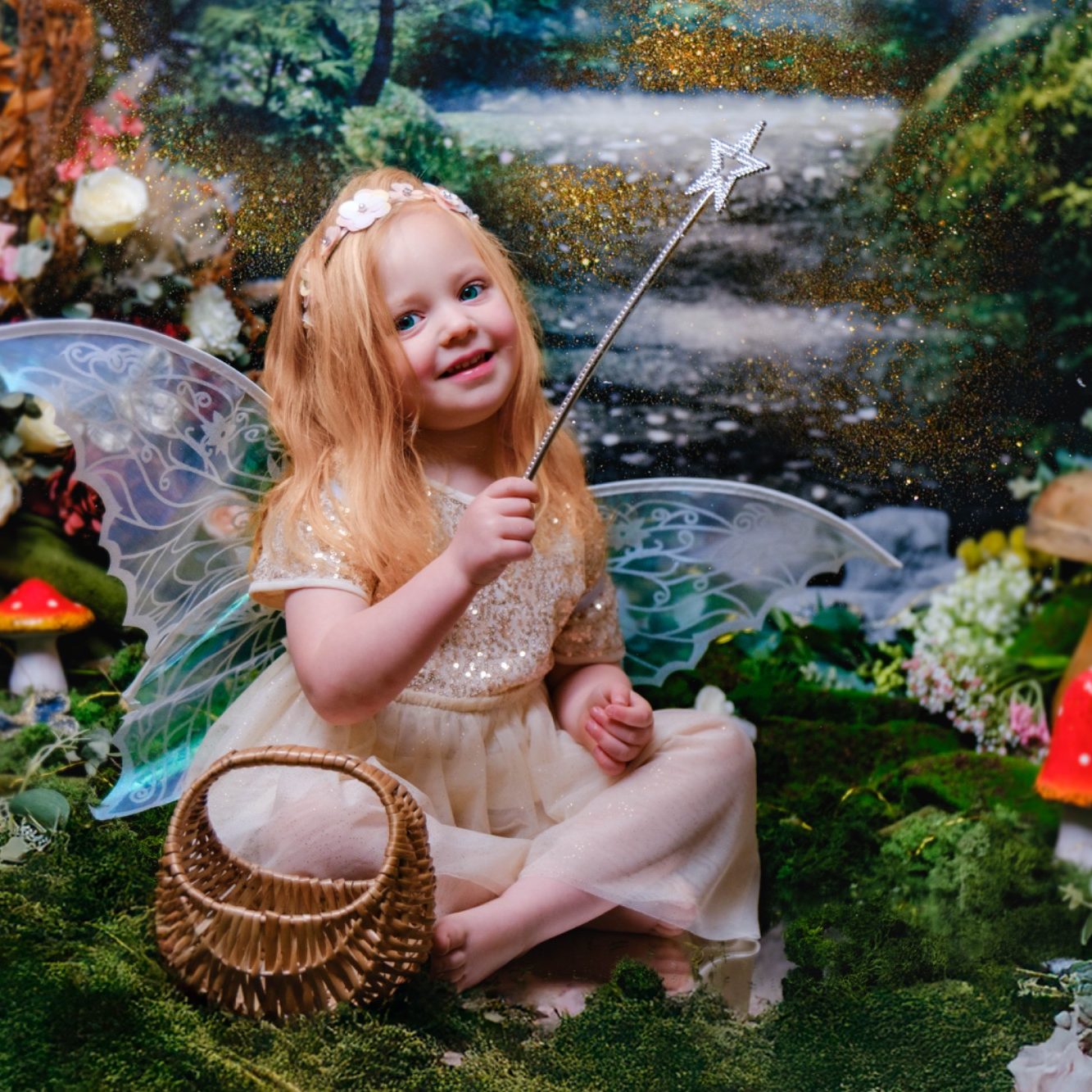 A little girl with pale skin and blonde hair dressed as a fairy, holding a magic wand, against a magical forest background.