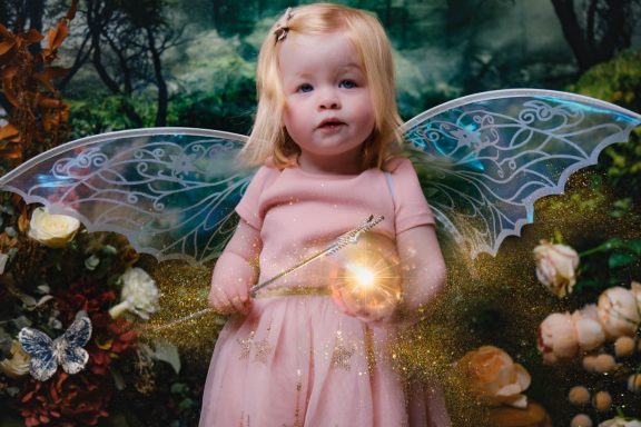A little girl with pale skin and blonde hair dressed as a fairy, holding a magic wand and orb of light, against a magical forest background.